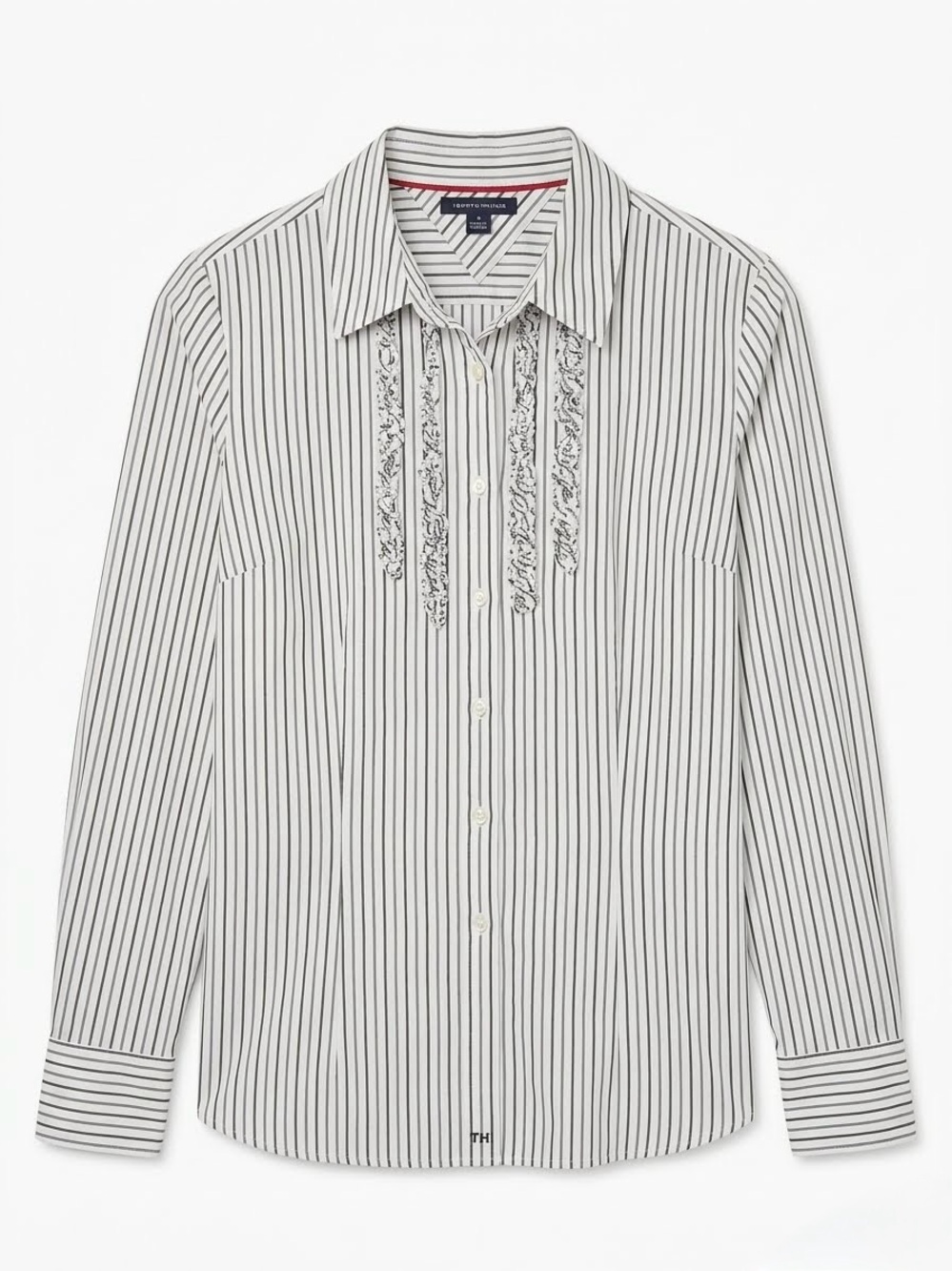 Tommy Hilfiger Pinstriped Ruffle Blouse M Shell Buttons Sleeve Signature Shirt